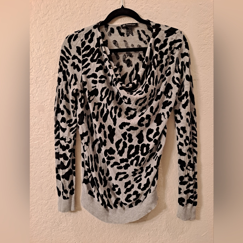 INC International Concepts Black & Gray Animal Print Cowl Neck Sweater